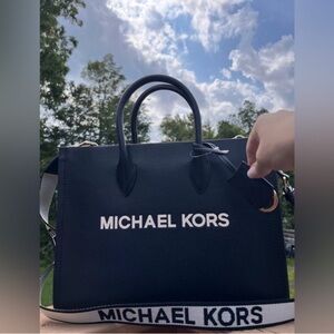 Michael Kors Morelia Black Pebbled Leather Tote Bag Logo Strap NWT